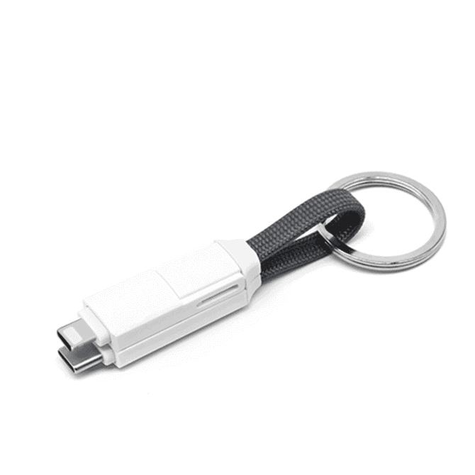 A white 3-in-1 charging cable with a black fabric keychain attachment and a metal ring.