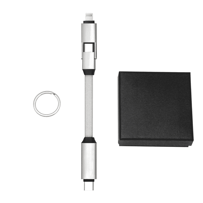 A 60W 3-In-1 aluminium charging cable in silver, accompanied by a black box and a keyring.
