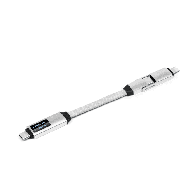A 100W 3-in-1 aluminium charging cable in silver, featuring a digital display and various connectors.