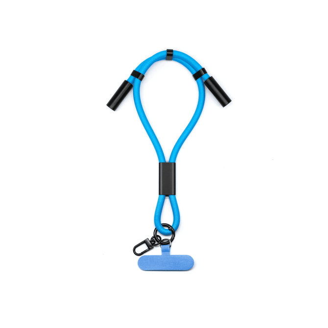 A blue charging phone strap with black connectors and a clip, designed for convenient charging.