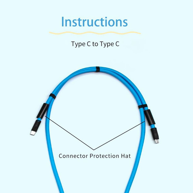 A blue Type C to Type C charging cable with connector protection hats on both ends. Features a logo.