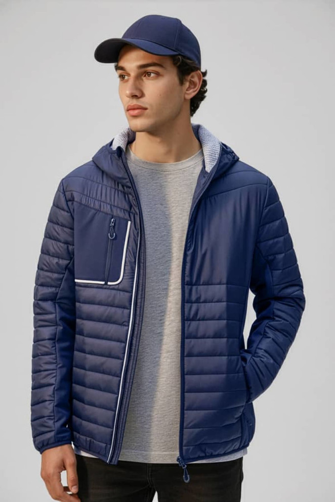 A navy unisex patrol jacket with a hood and a zippered pocket, paired with a cap and a grey t-shirt.