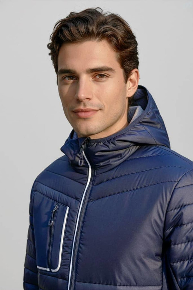 A navy blue unisex patrol jacket featuring a hood and a zippered pocket, designed with a soft shell material.