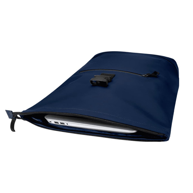 A navy recycled roll-top backpack with a zipper and clip closure, featuring a visible laptop compartment.