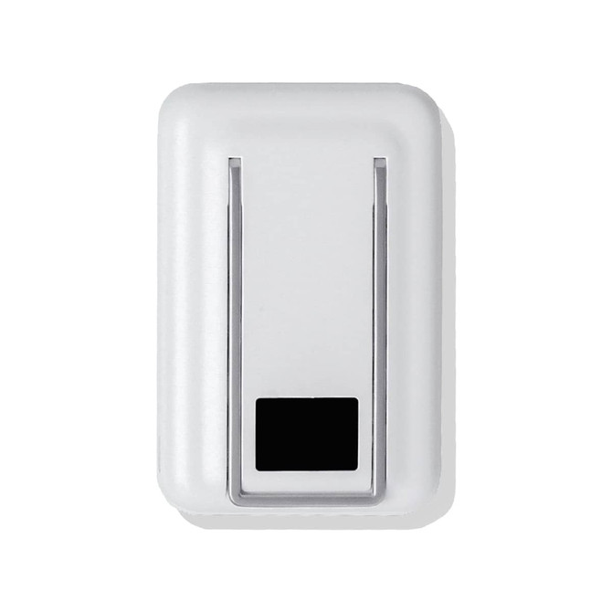 A white magnetic power bank with a silver clip and a black panel, featuring a sleek, compact design.