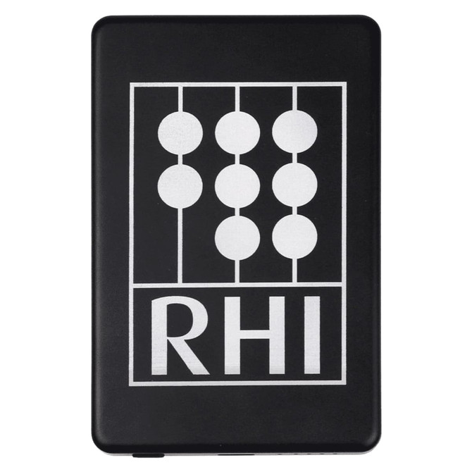 A slim black power bank with a white logo design on the front, featuring rounded shapes and the letters "RHI".