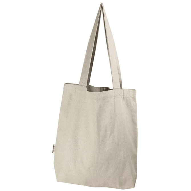 A beige tote bag with two handles and a simple design, featuring a logo on the side.