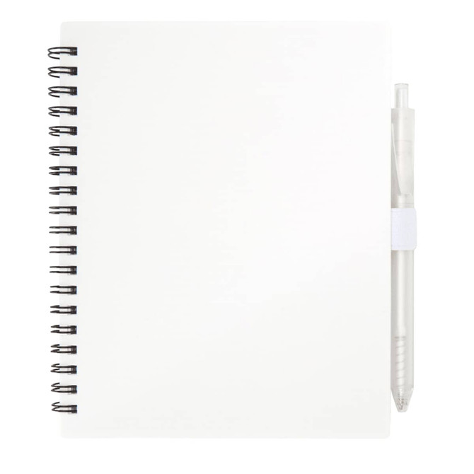 A white recycled journal with a spiral binding and a transparent pen attached.