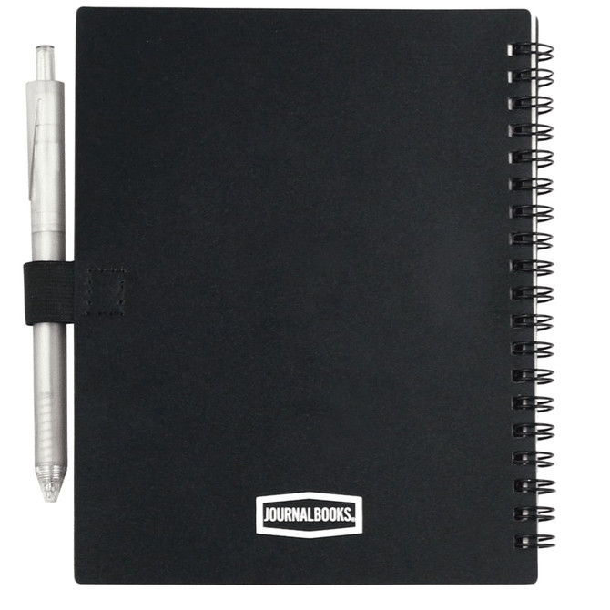 A black recycled PP journal book with a silver pen attached, featuring a spiral binding.