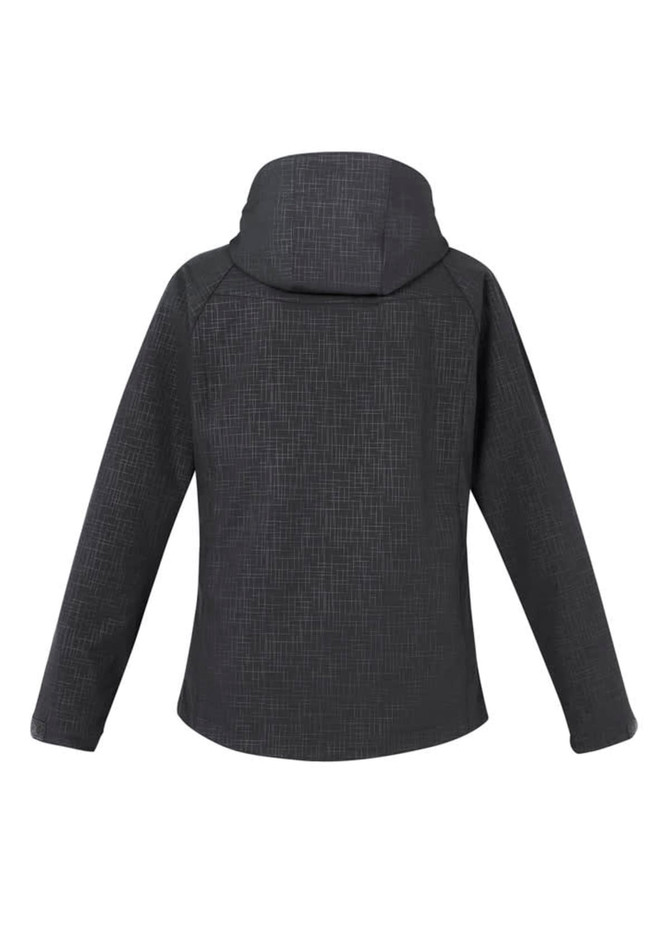 A women's soft shell jacket in dark grey with a textured pattern and a hood, featuring a logo.
