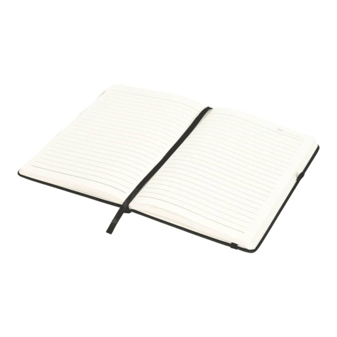 A black journal book with a flexi cover, featuring blank lined pages and an elastic closure.