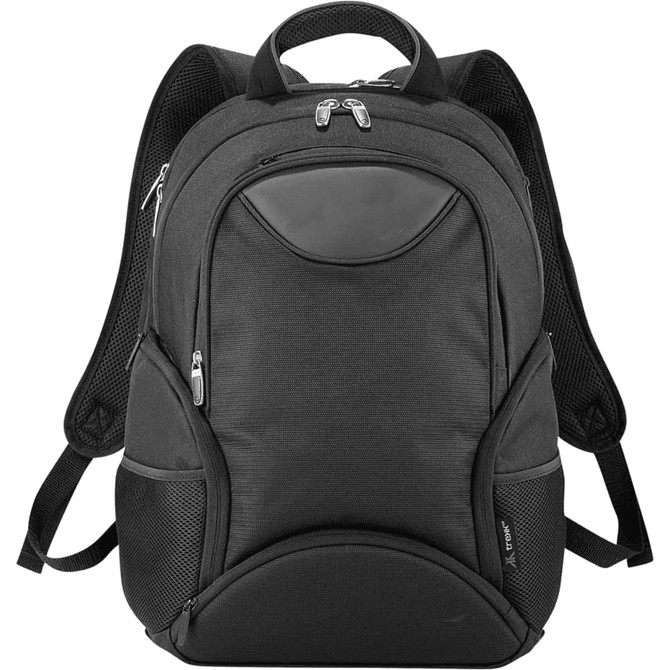 A black backpack with multiple zippered compartments and padded shoulder straps, featuring a logo on the front.