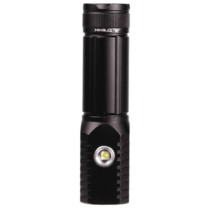 A black LED torch featuring a textured grip and a smooth body, designed for compact portability.