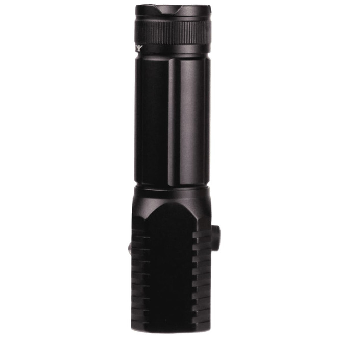 A black LED torch featuring a textured grip and a rotating bezel for focus adjustment. It includes a brand logo.