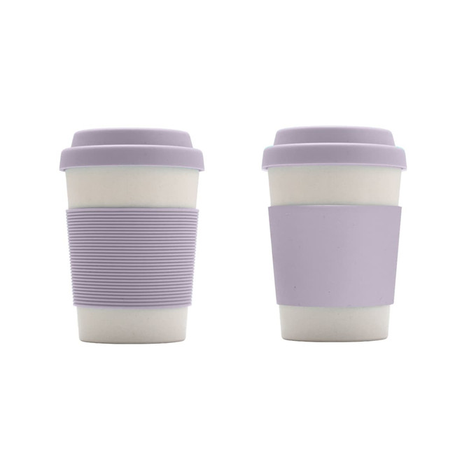 A bamboo fibre coffee cup in lilac with a silicone lid and grip, featuring a logo on the side. Two cups are displayed.
