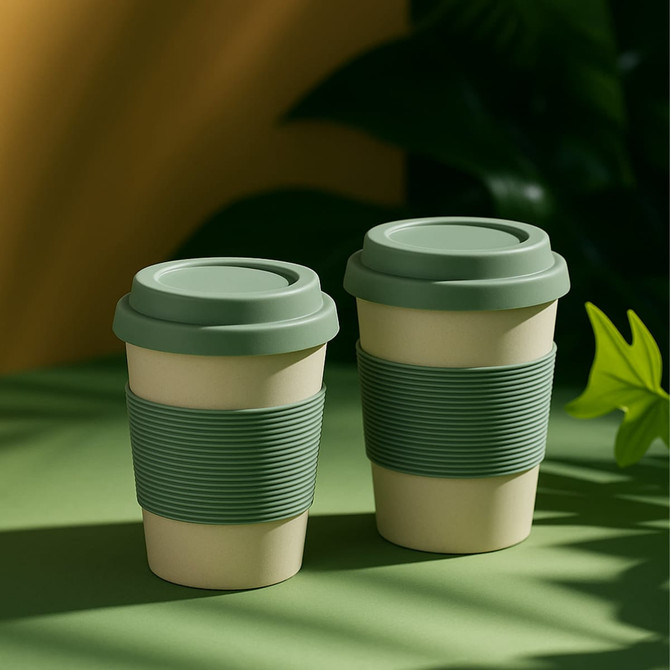 A drink cup made from bamboo fibre in cream and green, featuring a silicone lid and a textured sleeve.