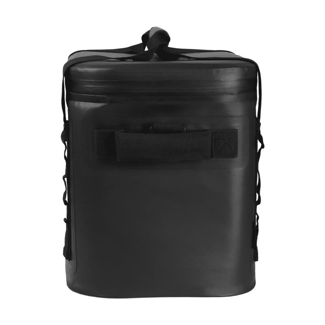 A black soft cooler bag with a sturdy handle and side straps for easy carrying. It features a simple, sleek design.