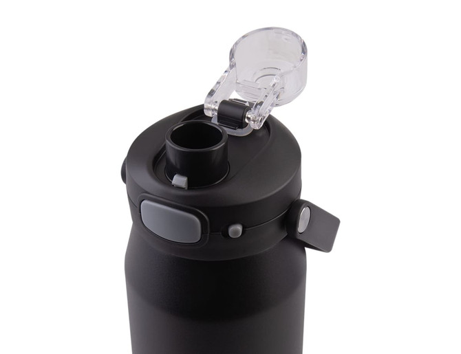 A drink bottle featuring a black matte finish and a clear quick release lid with a small spout.