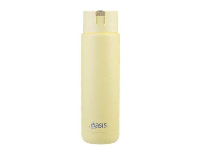 A drink bottle in a soft yellow colour with a flip-top lid and a logo on the front.