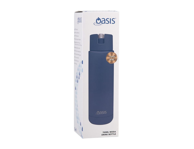 A drink bottle in navy blue with a push-button lid and triple wall insulation, featuring a branding logo.
