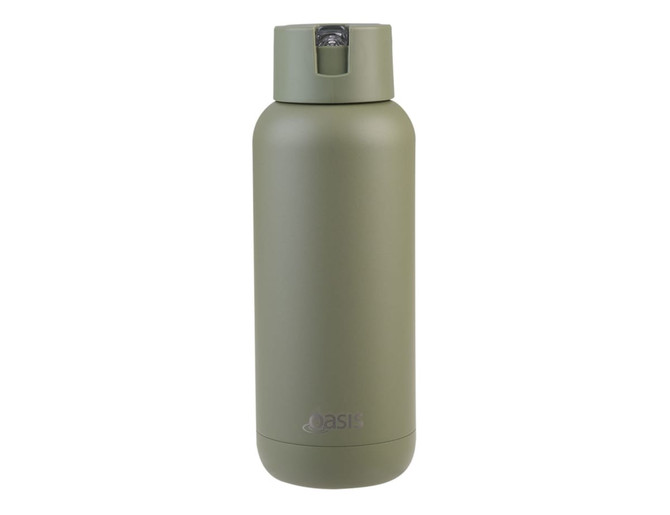 A drink bottle in matte olive green with a screw-top lid and a logo on the front.