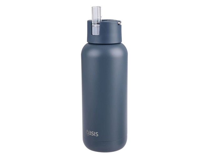 A drink bottle in a matte dark grey colour, featuring a straw lid and a logo.