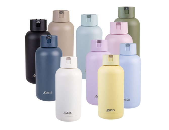 A drink bottle collection featuring various colours: black, grey, beige, navy, white, purple, pink, and yellow, each with a logo.