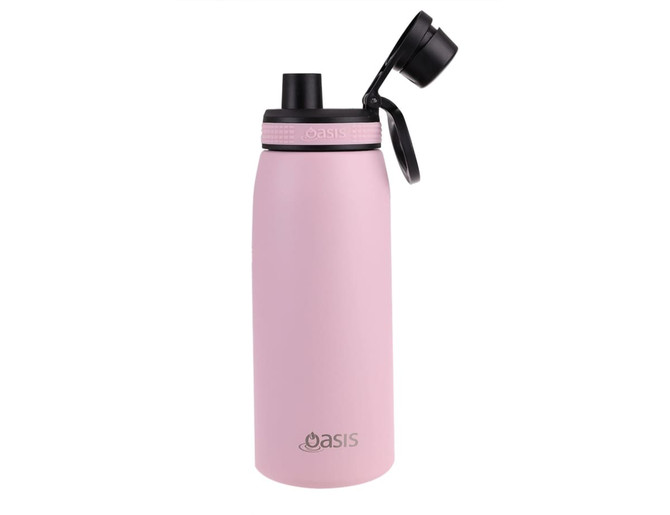 A drink bottle in soft pink with a black screw cap and a logo on the side.