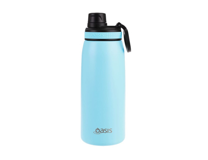 A drink bottle in light blue, featuring a screw cap and a logo on the front.