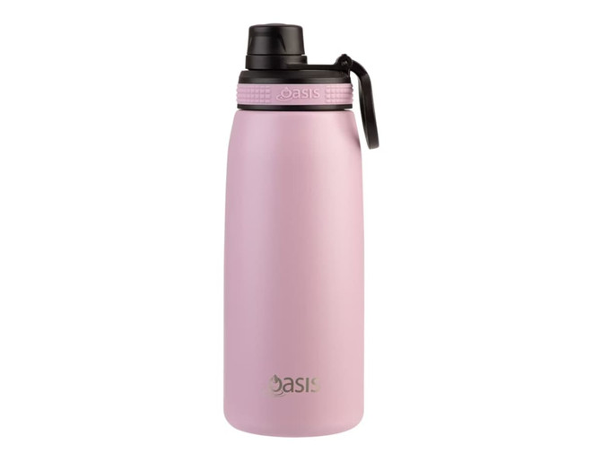 A drink bottle in a soft pink shade with a screw cap and a black lid, featuring a logo.