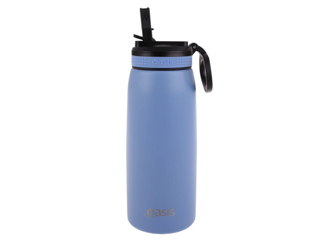 A drink bottle in blue with a black spout and handle, featuring a logo on the side.
