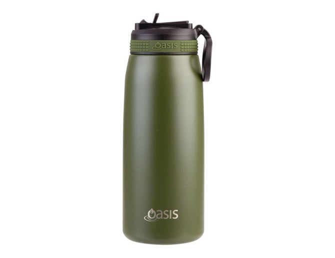 A drink bottle featuring a green matte finish, a spout lid, and a sturdy handle. It has a logo on the front.