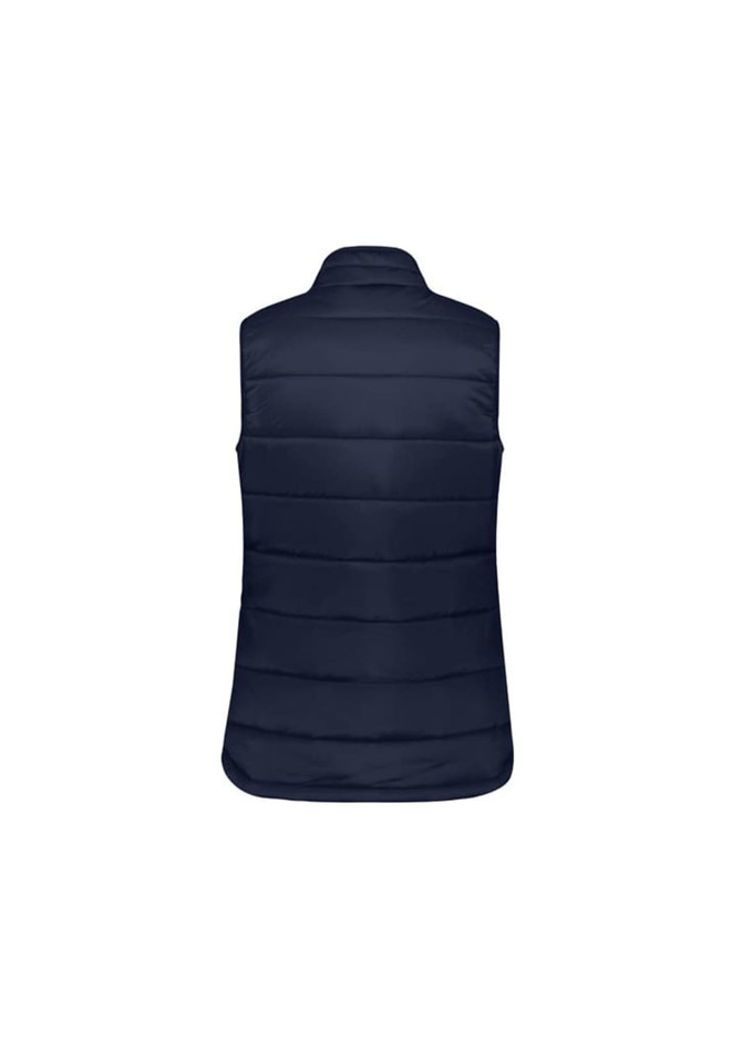 A navy women's alpine vest featuring a padded design and a high collar, with a simple, minimalist look.