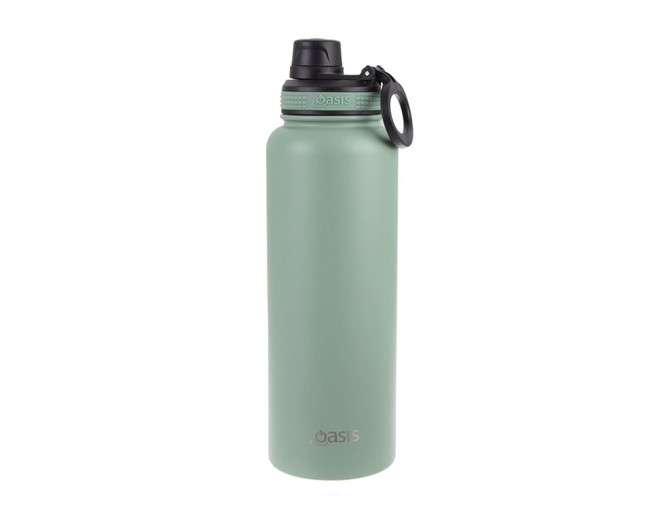 A drink bottle in matte mint green with a black screw cap and a logo on the front.