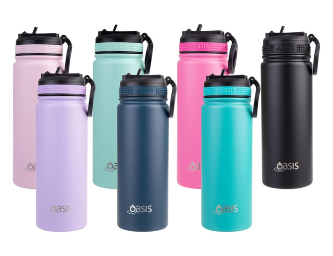 A drink bottle collection featuring various colours: pink, lavender, teal, navy, and black, with a logo on each.