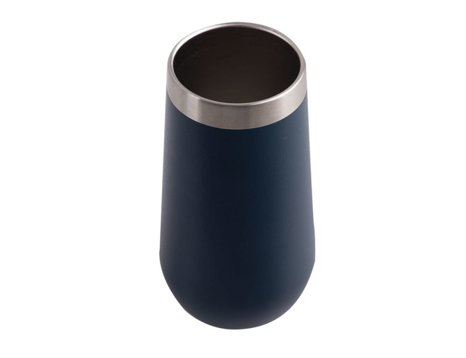 A vacuum champagne flute in navy blue with a stainless steel rim, featuring a branded logo.