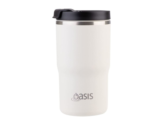 A drink bottle featuring a white body and black lid, with a logo on the front.