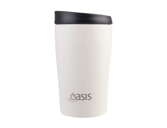A drink bottle featuring a sleek, white design with a black lid and a branding logo on the front.