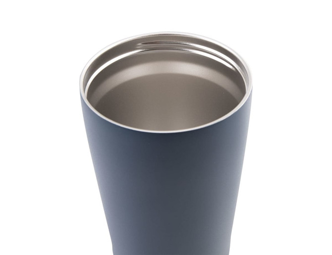 A drink bottle featuring a navy exterior and a stainless steel interior, with a logo on the surface.