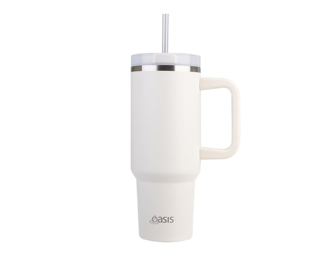 A drink bottle in white with a handle and straw, featuring a silver rim and an Oasis logo.
