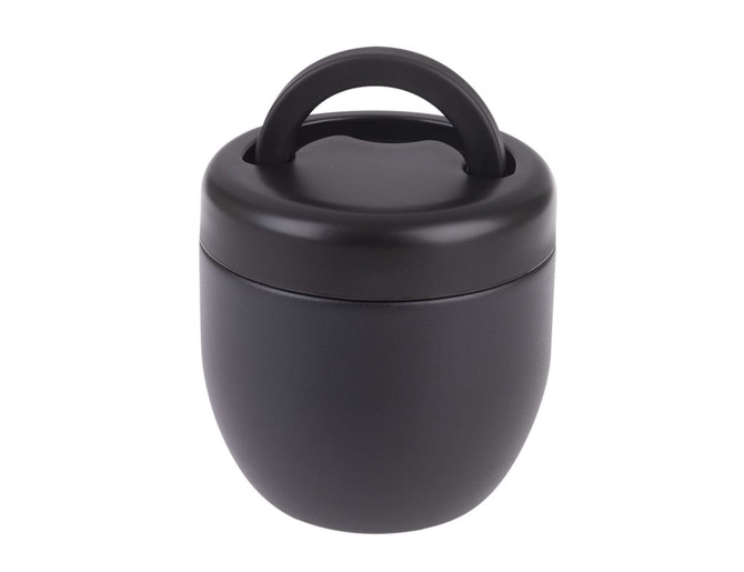 A drink bottle featuring a sleek black design with a handle on the lid and a smooth matte finish.