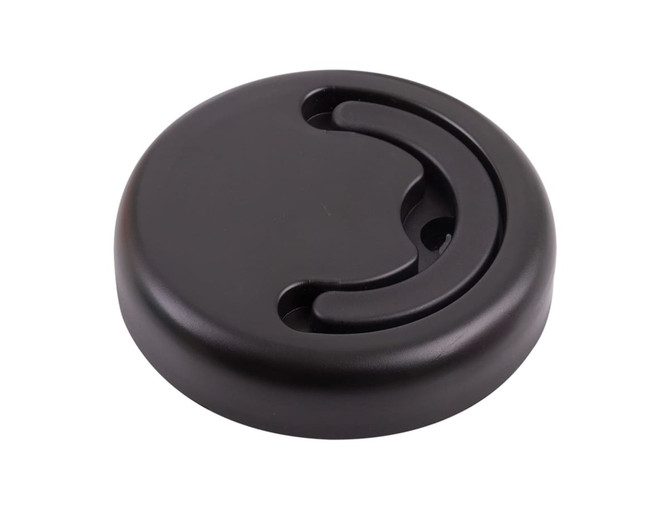 A round black lid with a groove design for easy handling, featuring a logo on the surface.