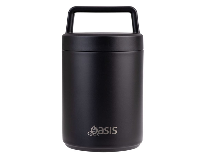 A black vacuum food flask with a handle and a spoon, featuring a logo on the front.