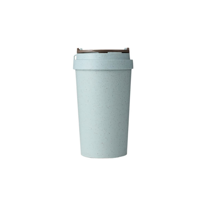 A drink bottle in a light blue colour with a double wall design, made from wheat straw. Features a logo.