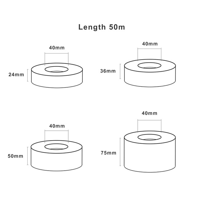 A diagram displaying various dimensions of rolls of water-activated reinforced kraft paper tape, featuring different sizes in millimetres.