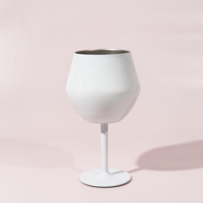 A detachable wine glass in white, featuring a sleek design with a sturdy stem and a circular base.