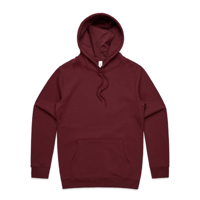 A maroon hoodie with a front pocket and a hood, featuring a subtle logo.