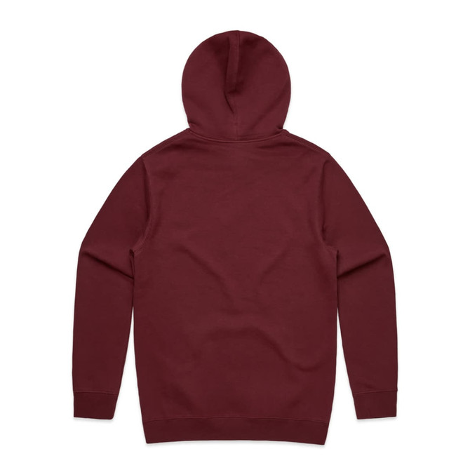 A burgundy hoodie featuring a hood and long sleeves, displaying a plain back view. It has a branding logo.