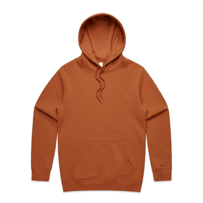 A brown hoodie with a kangaroo pocket and a drawstring hood, featuring a logo on the garment.