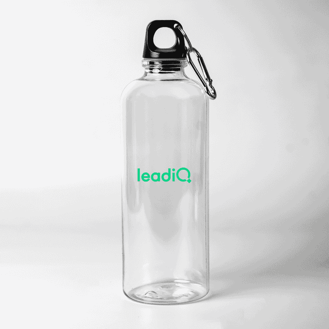 A drink bottle made of clear plastic with a black lid and a carabiner, featuring a logo.